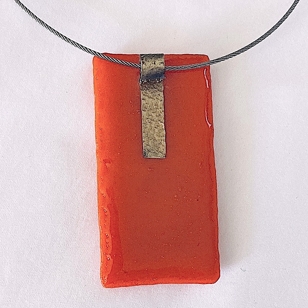 Retro glass tile pendant necklace Orange Burgundy Maroon Choker wire band 70’s - Picture 2 of 6